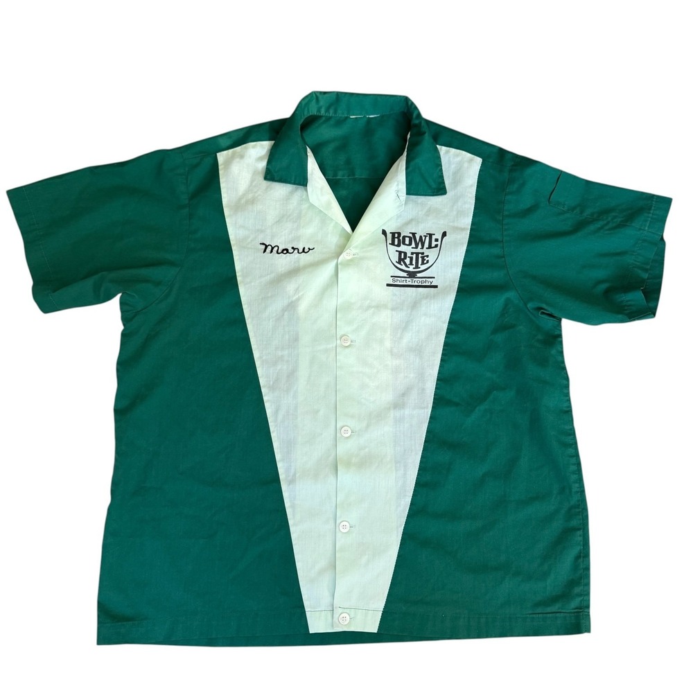 Vintage Bowl Rite Shirt Trophy Bowling Shirt Green White Chainstitch Embroidery